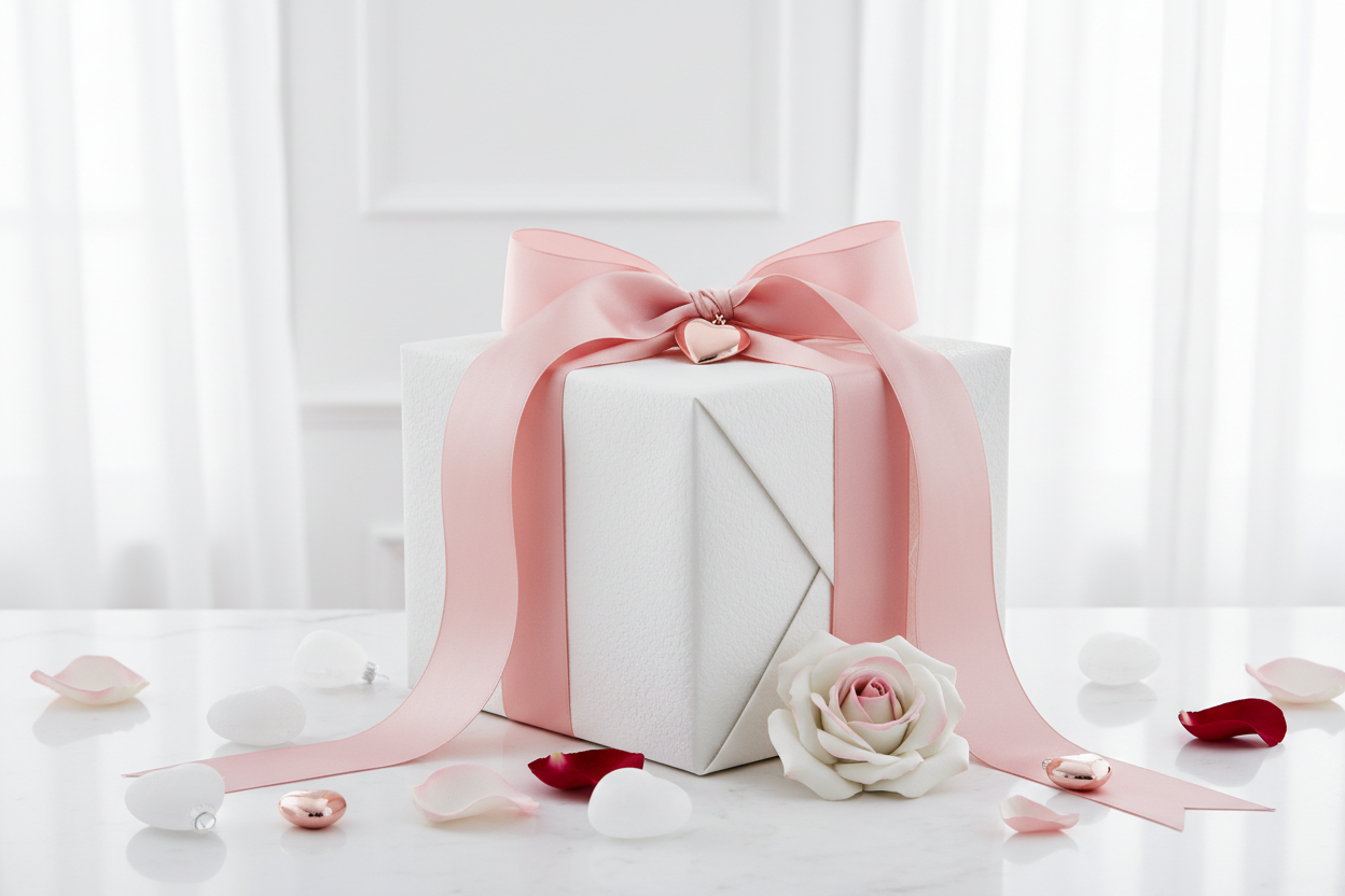 make me a valentines day theme with mainly a white color scheme and a gift box